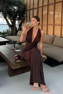 Cleopatra Halter Ruched Plunging Maxi Dress