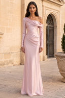 Maeve Satin Off-Shoulder Ruched Long Sleeve Bridesmaid Dress