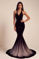 Cassiopeia Velvet Halter Mermaid Evening Dress with Train