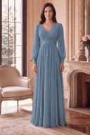 Evelyn V-Neck Long Sleeve Chiffon Mother of the Bride Dress