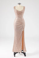 Brielle Draped Sequin Cowl-Neck Maxi Gown with High Slit