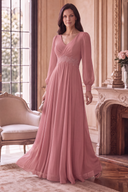 Evelyn V-Neck Long Sleeve Chiffon Mother of the Bride Dress