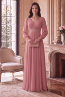 Evelyn V-Neck Long Sleeve Chiffon Mother of the Bride Dress