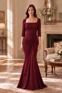 Noelle Satin Mermaid Evening Gown Square Neck 3/4 Sleeve Mother of the Bride Dress