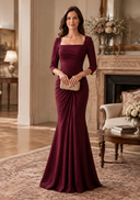 Noelle Satin Mermaid Evening Gown Square Neck 3/4 Sleeve Mother of the Bride Dress
