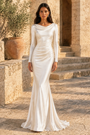 Fleur Draped Cowl-Neck Long-Sleeve Satin Bridesmaid Gown