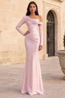 Maeve Satin Off-Shoulder Ruched Long Sleeve Bridesmaid Dress