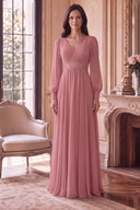 Evelyn V-Neck Long Sleeve Chiffon Mother of the Bride Dress