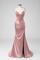 Evelyn Beaded Corset Ruched Satin Mermaid Gown