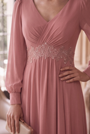 Evelyn V-Neck Long Sleeve Chiffon Mother of the Bride Dress