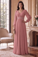 Evelyn V-Neck Long Sleeve Chiffon Mother of the Bride Dress