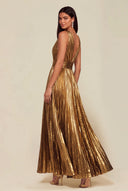 Athena Metallic Pleated Open Back Evening Maxi Dress