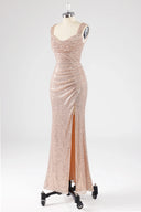 Brielle Draped Sequin Cowl-Neck Maxi Gown with High Slit