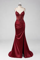 Evelyn Beaded Corset Ruched Satin Mermaid Gown