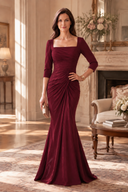 Noelle Satin Mermaid Evening Gown Square Neck 3/4 Sleeve Mother of the Bride Dress