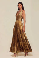 Athena Metallic Pleated Open Back Evening Maxi Dress