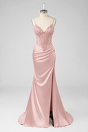Evelyn Beaded Corset Ruched Satin Mermaid Gown