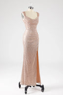 Brielle Draped Sequin Cowl-Neck Maxi Gown with High Slit