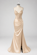 Evelyn Beaded Corset Ruched Satin Mermaid Gown