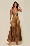 Athena Metallic Pleated Open Back Evening Maxi Dress