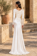 Fleur Draped Cowl-Neck Long-Sleeve Satin Bridesmaid Gown