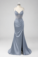 Evelyn Beaded Corset Ruched Satin Mermaid Gown