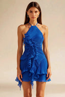 Calista Halter Pleated Ruffle Mini Dress