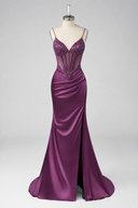 Evelyn Beaded Corset Ruched Satin Mermaid Gown