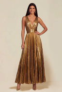 Athena Metallic Pleated Open Back Evening Maxi Dress