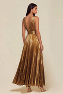 Athena Metallic Pleated Open Back Evening Maxi Dress