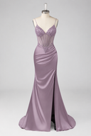 Evelyn Beaded Corset Ruched Satin Mermaid Gown