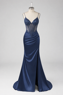 Evelyn Beaded Corset Ruched Satin Mermaid Gown