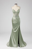 Evelyn Beaded Corset Ruched Satin Mermaid Gown