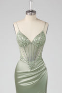 Evelyn Beaded Corset Ruched Satin Mermaid Gown