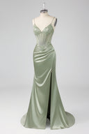 Evelyn Beaded Corset Ruched Satin Mermaid Gown