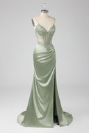 Evelyn Beaded Corset Ruched Satin Mermaid Gown