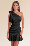 Eve One-Shoulder Bow Satin Mini Dress