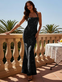 Lucinda Floral Applique Halter Maxi Dress