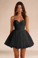 Seraphina Spaghetti Strap Ruched Tulle Mini Dress