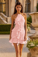 Calista Halter Pleated Ruffle Mini Dress