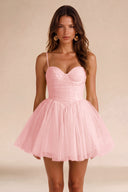 Seraphina Spaghetti Strap Ruched Tulle Mini Dress