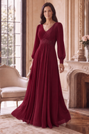 Evelyn V-Neck Long Sleeve Chiffon Mother of the Bride Dress