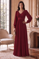 Evelyn V-Neck Long Sleeve Chiffon Mother of the Bride Dress