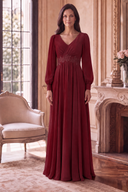 Evelyn V-Neck Long Sleeve Chiffon Mother of the Bride Dress