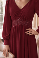 Evelyn V-Neck Long Sleeve Chiffon Mother of the Bride Dress