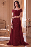 Elodie Mother of the Bride Off-Shoulder Beaded Chiffon Gown