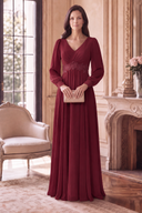 Evelyn V-Neck Long Sleeve Chiffon Mother of the Bride Dress