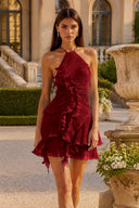 Calista Halter Pleated Ruffle Mini Dress
