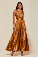 Athena Metallic Pleated Open Back Evening Maxi Dress