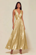 Athena Metallic Pleated Open Back Evening Maxi Dress